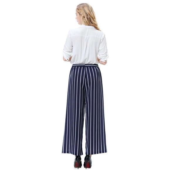 Striped Loose Wide Leg Trousers High Waist Tie Bow - Picture 2 of 8